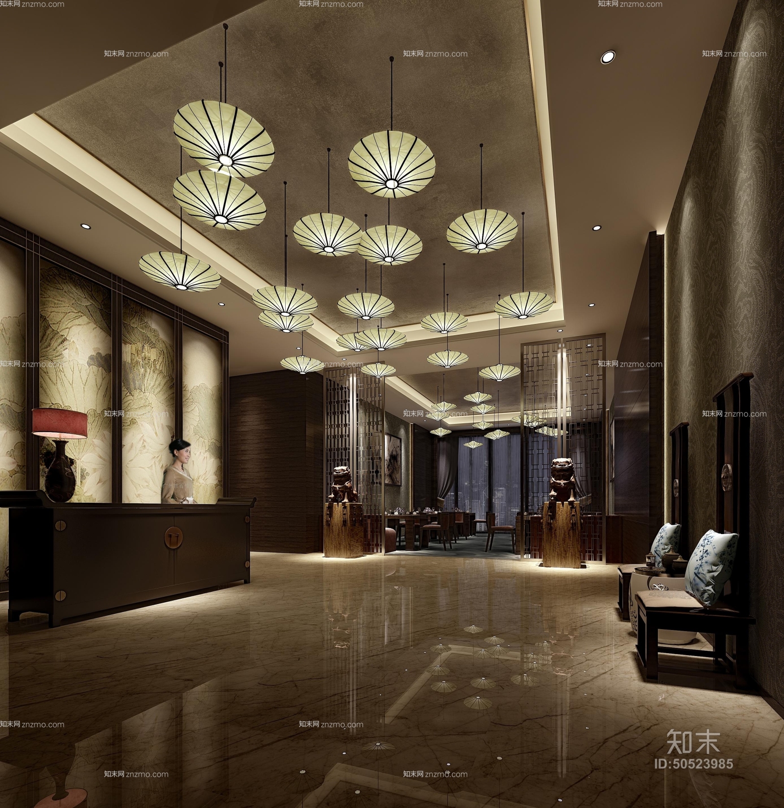 新中式玻璃吊灯组合3D模型下载【ID:50523985】