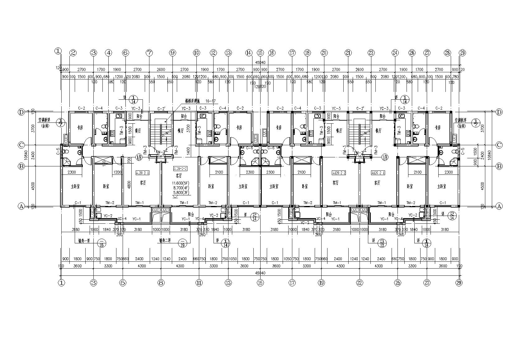 某六层坡屋顶（顶层复式）住宅建筑施工图cad施工图下载【ID:165393143】