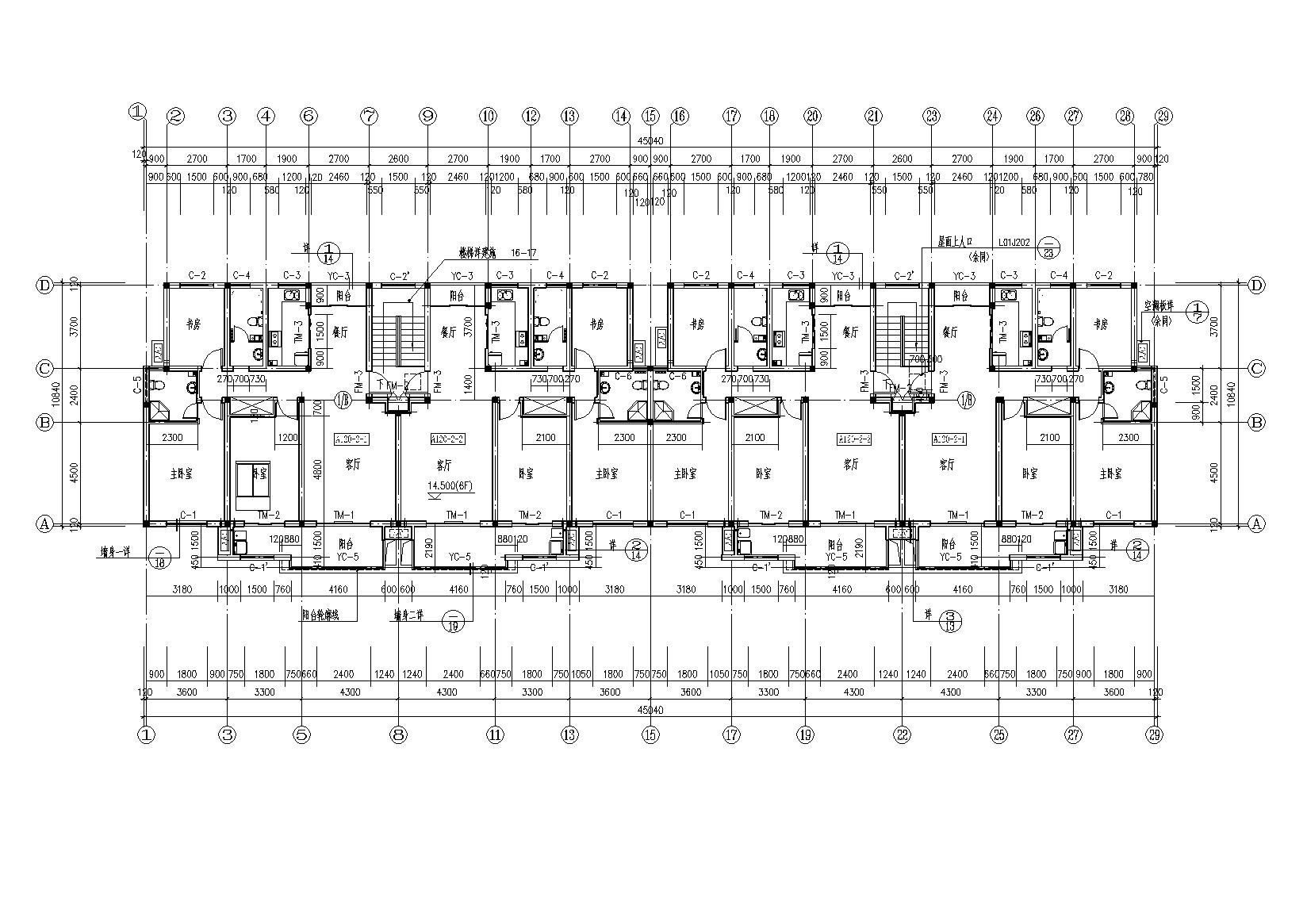 某六层坡屋顶（顶层复式）住宅建筑施工图cad施工图下载【ID:165393143】