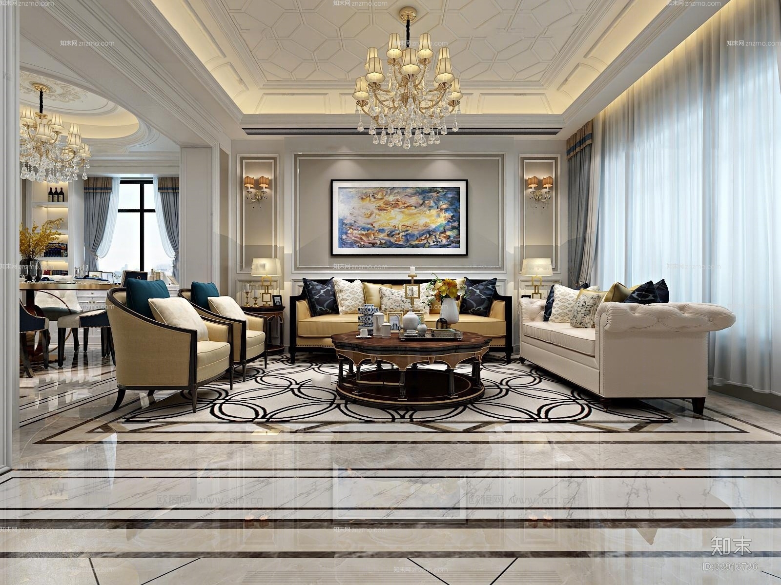 欧式简约皮质沙发茶几组合3D模型下载【ID:33913736】