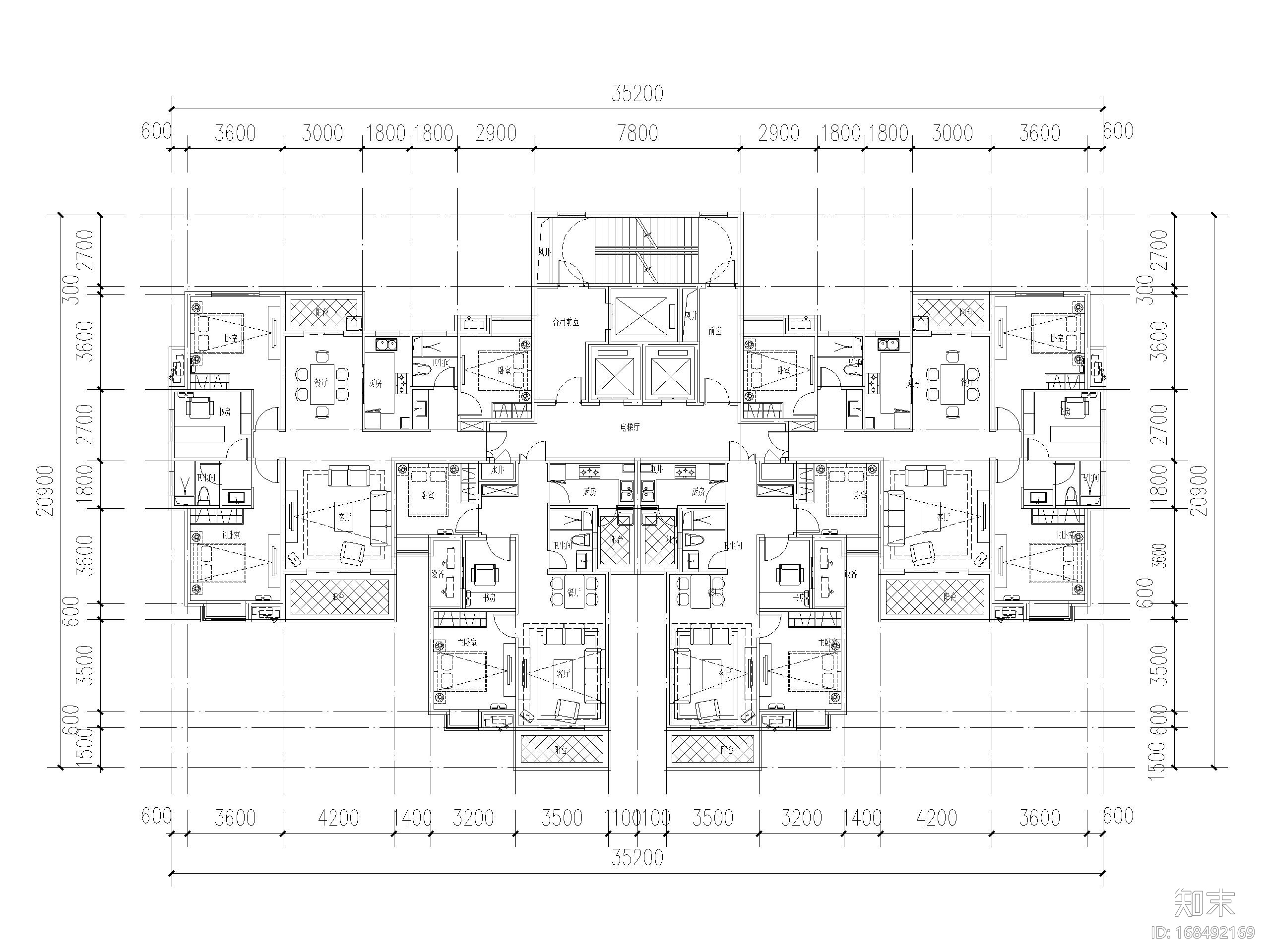 知名设计大院超高层户型设计（CAD）施工图下载【ID:168492169】