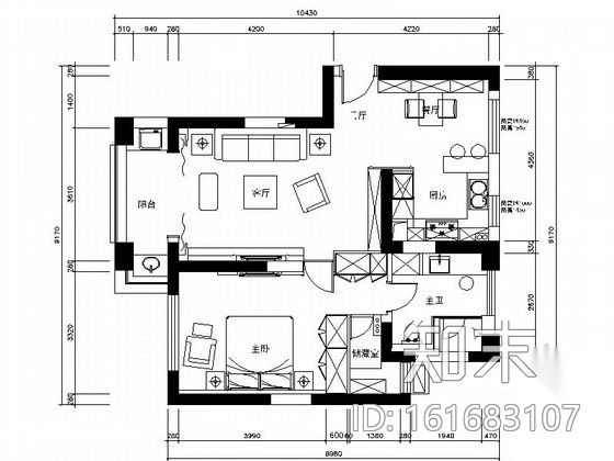 [上海]精致现代时尚一居室样板间CAD装修施工图施工图下载【ID:161683107】