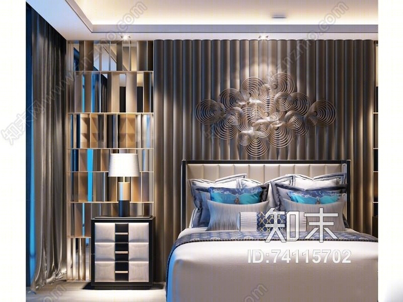 新中式卧室双人床床头背景3D模型下载【ID:74115702】