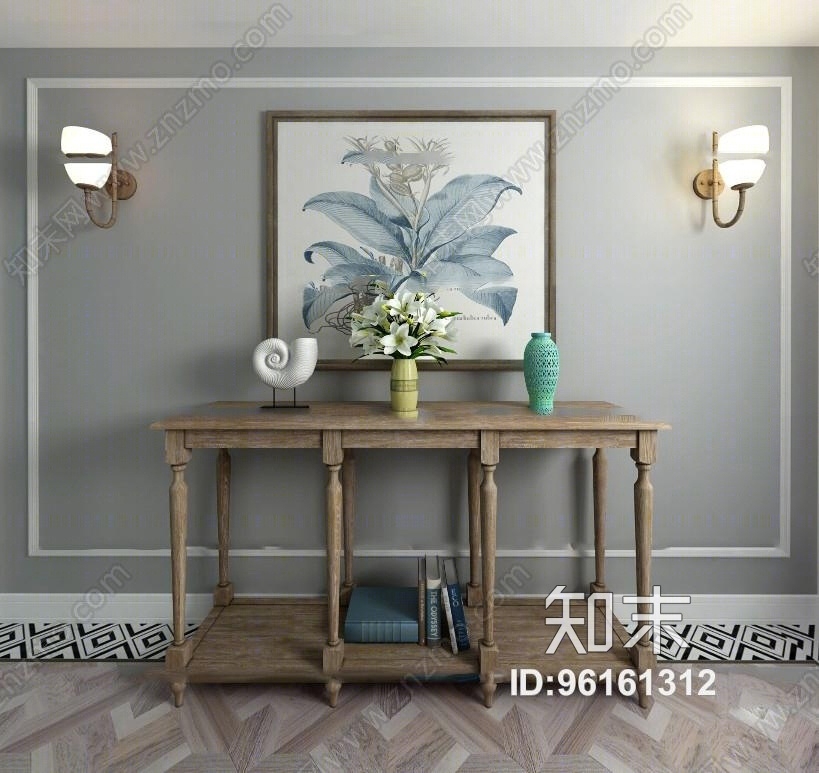 简美玄关柜摆件装饰画组合3D模型下载【ID:96161312】