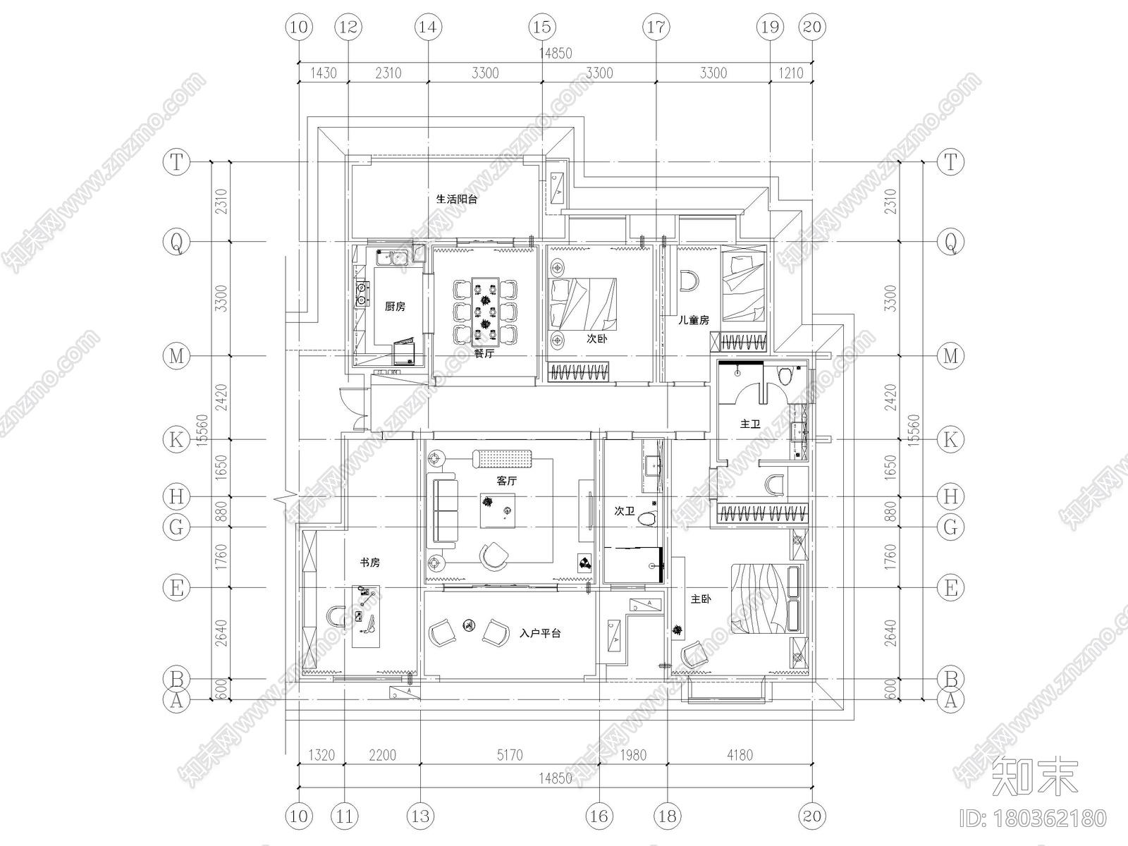 [长沙]​两套三居家装样板间装修设计施工图施工图下载【ID:180362180】