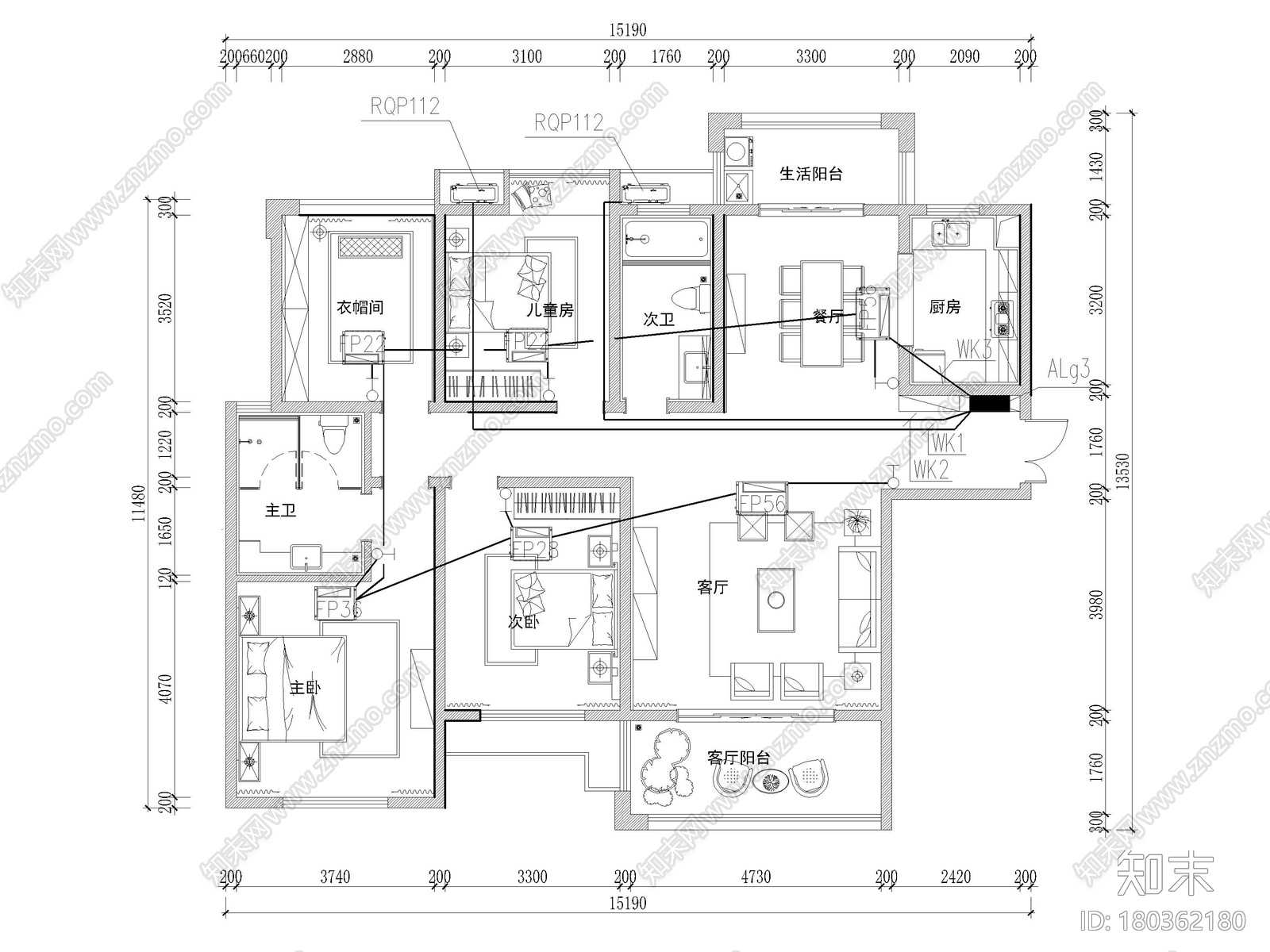 [长沙]​两套三居家装样板间装修设计施工图施工图下载【ID:180362180】