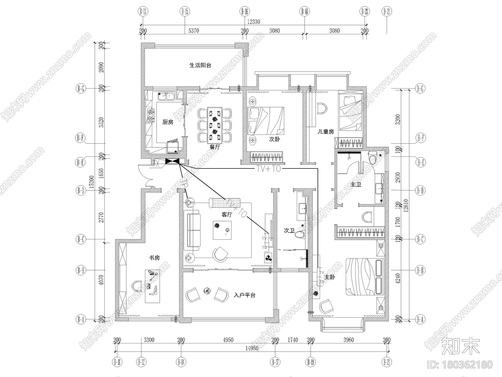 [长沙]​两套三居家装样板间装修设计施工图施工图下载【ID:180362180】