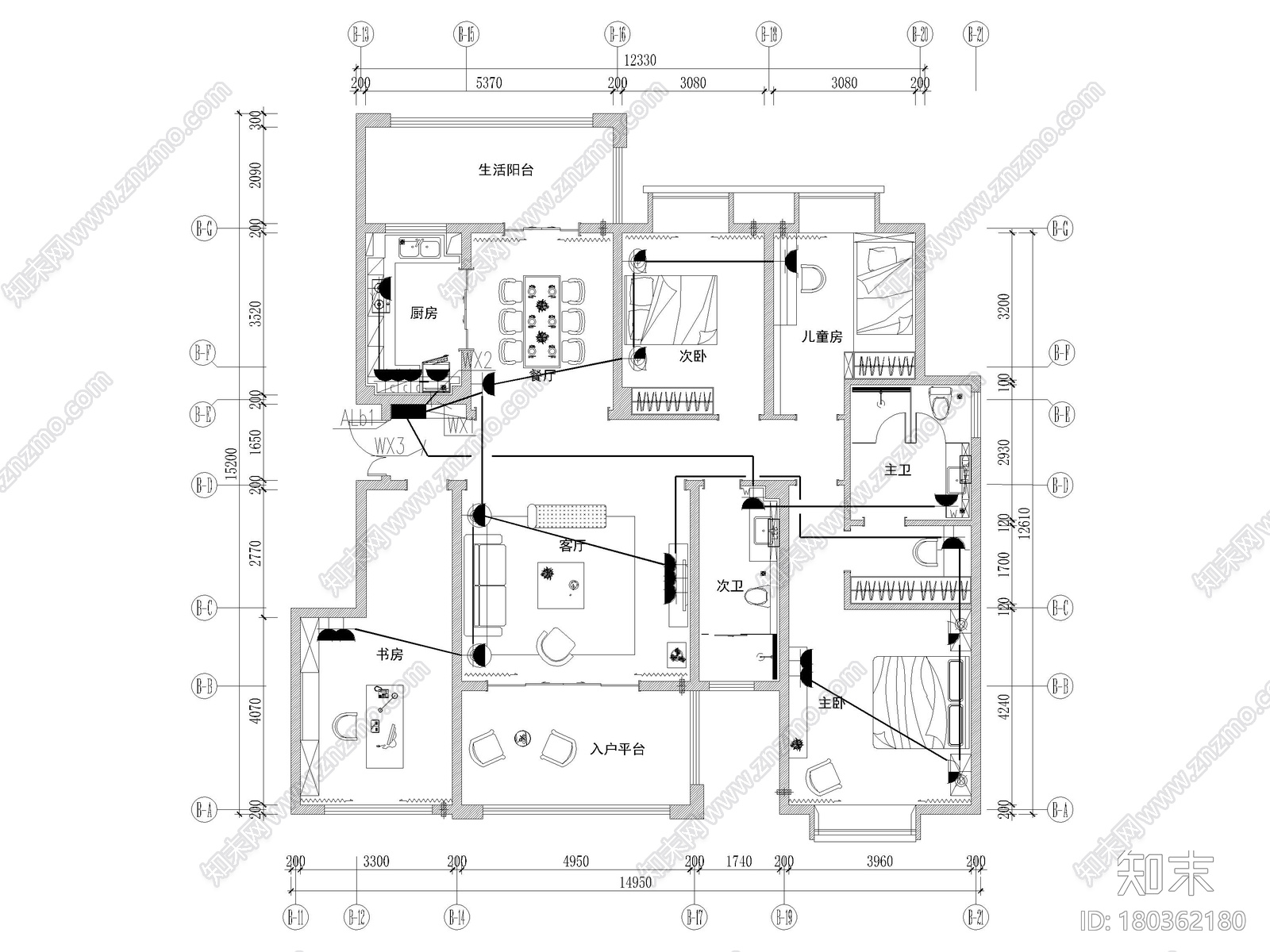 [长沙]​两套三居家装样板间装修设计施工图施工图下载【ID:180362180】