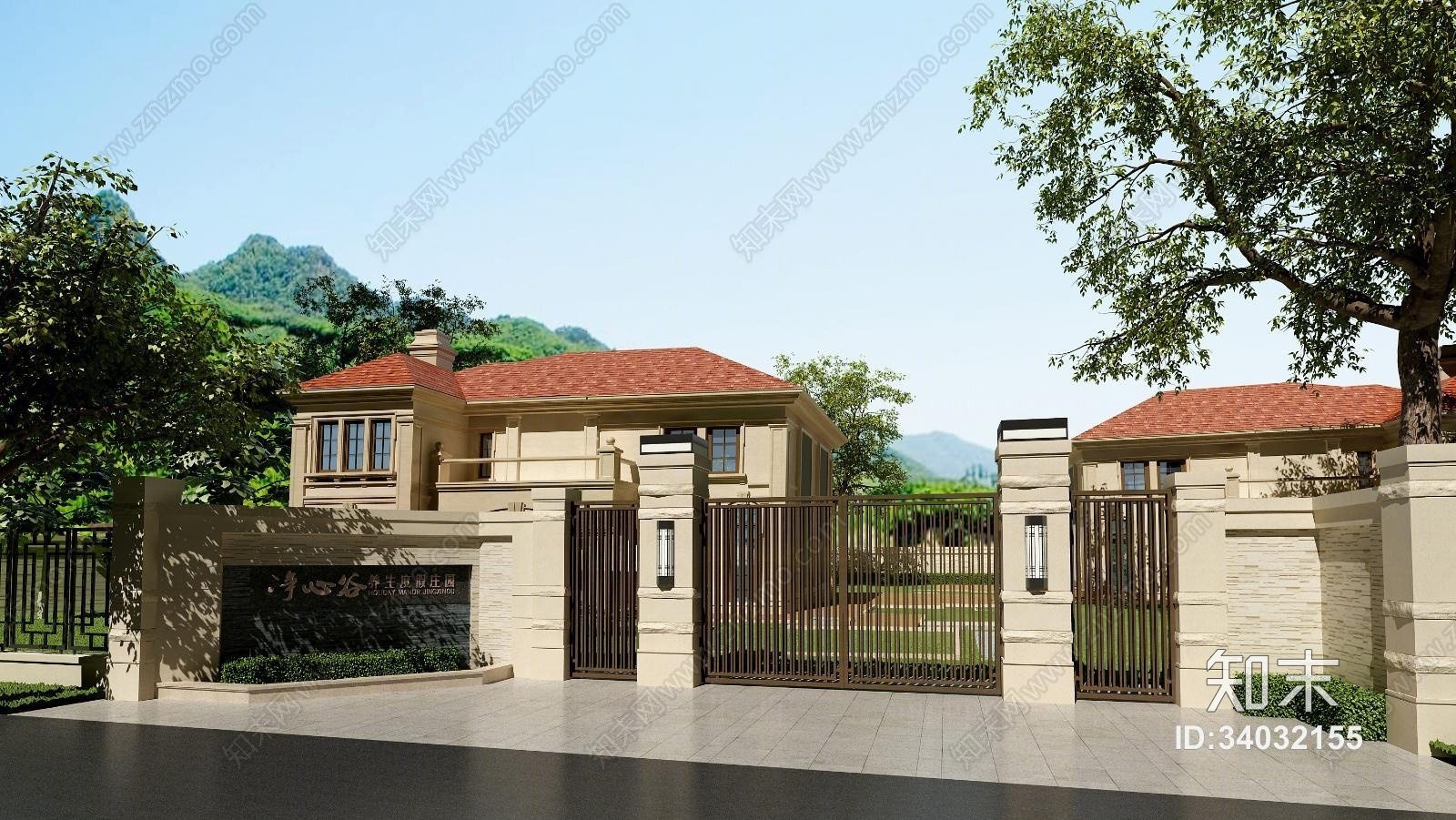 别墅室外建筑大门3D模型下载【ID:34032155】
