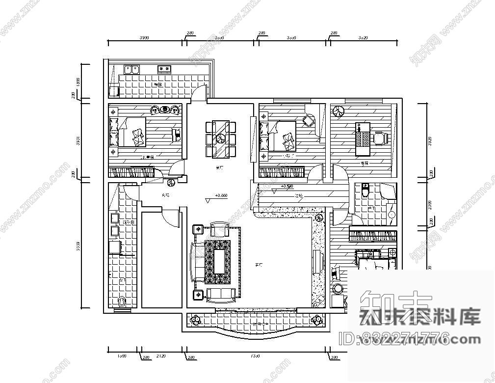 图块/节点四居室平面户型图cad施工图下载【ID:832271776】