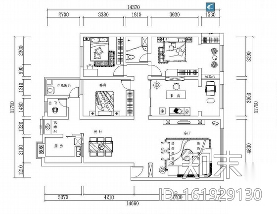家装四室两厅设计图（含效果图）施工图下载【ID:161929130】
