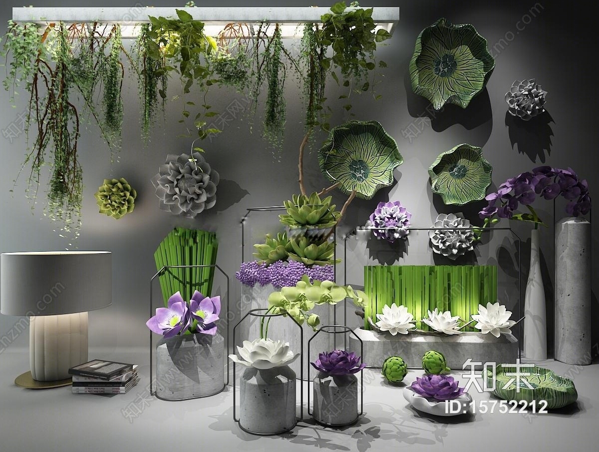新中式莲花荷叶花瓶墙饰绿植吊篮3D模型下载【ID:15752212】