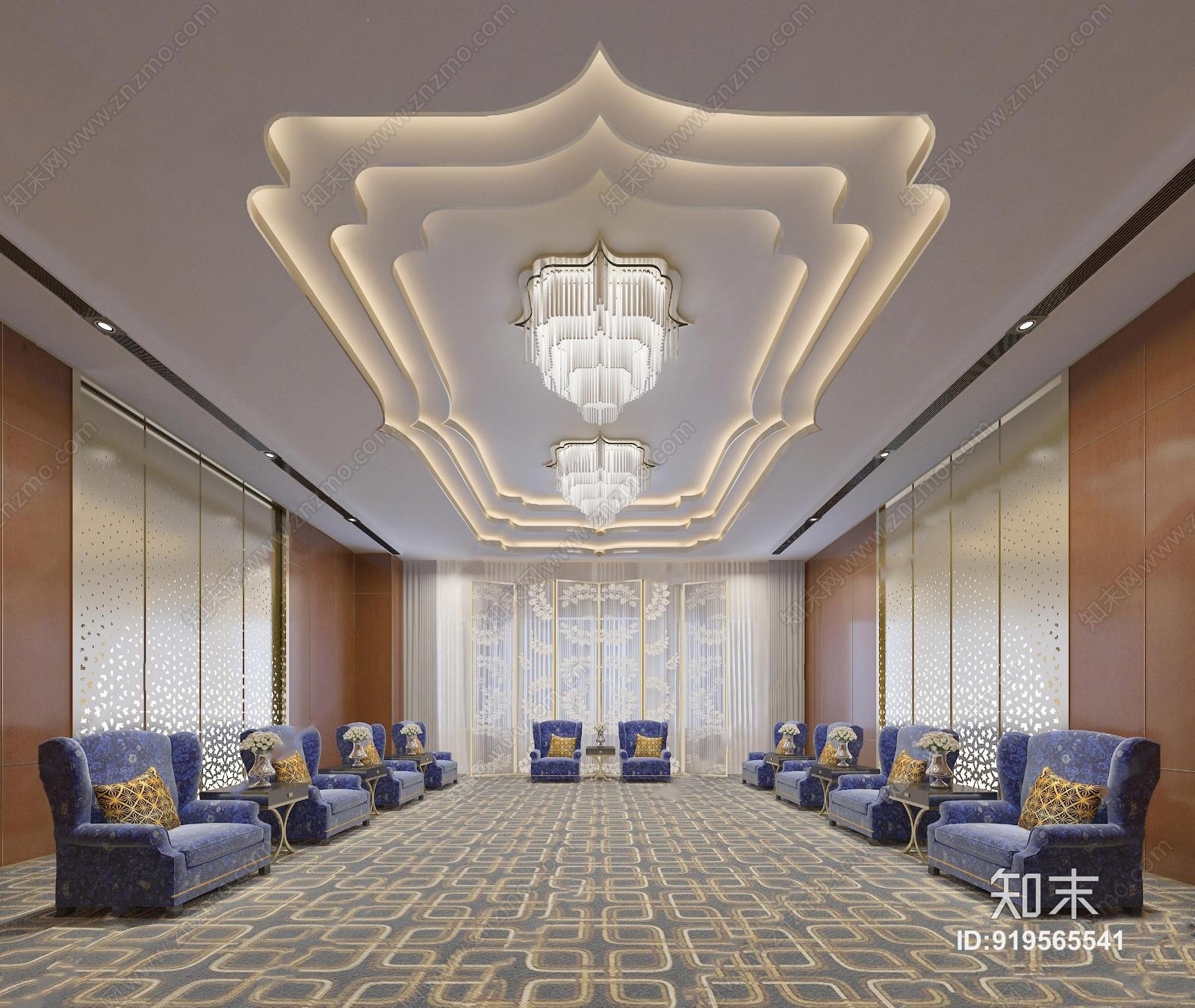 新中式会所贵宾接待室3D模型下载【ID:919565541】