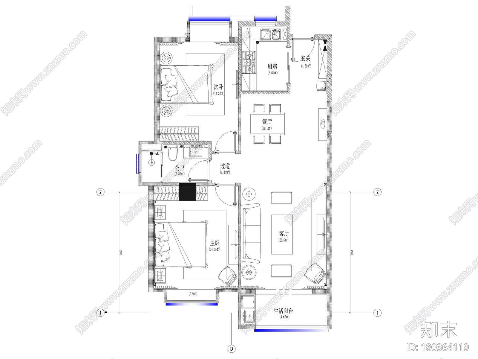 [江苏]102㎡二居室家装样板间装修施工图cad施工图下载【ID:180364119】