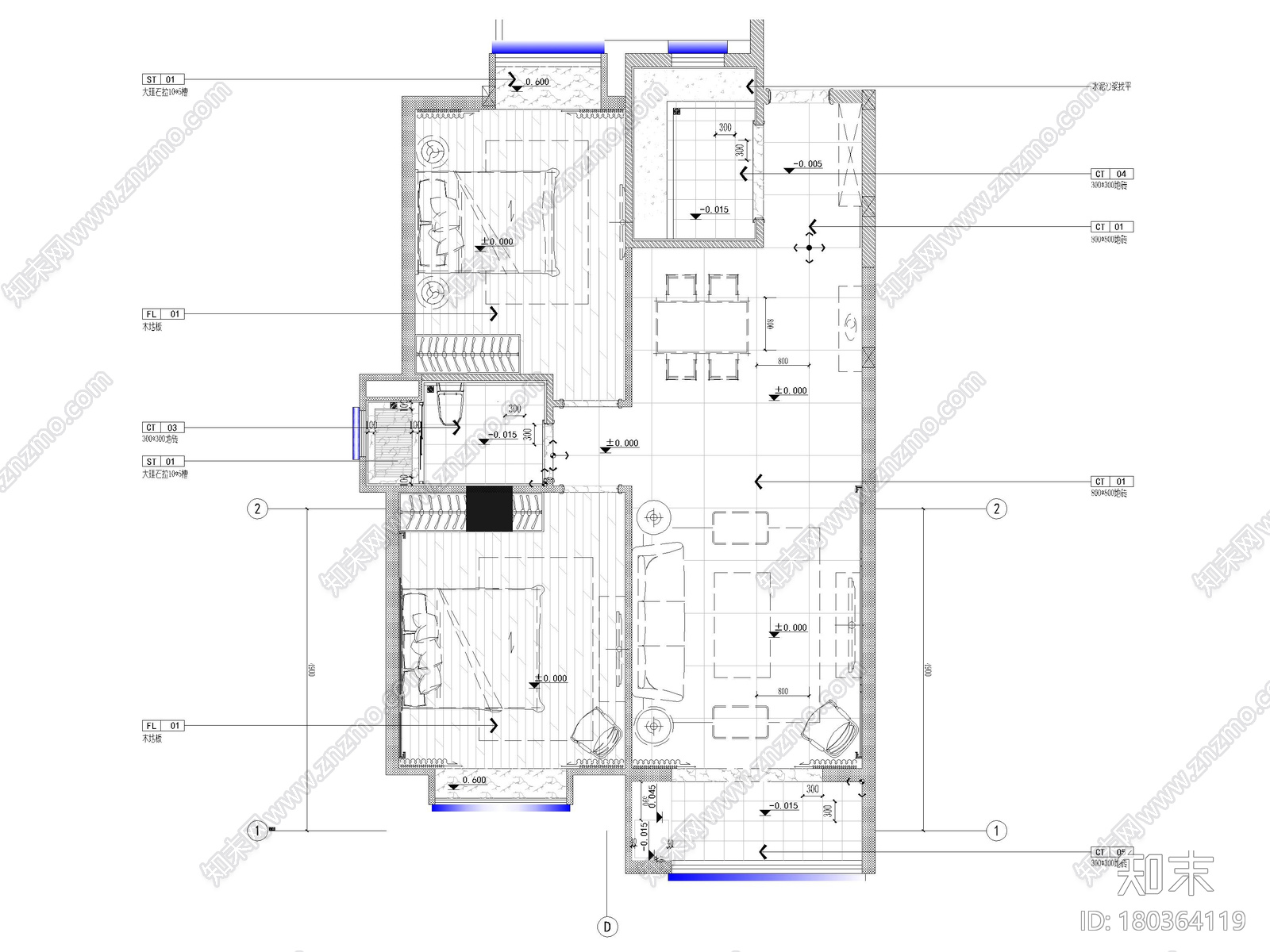 [江苏]102㎡二居室家装样板间装修施工图cad施工图下载【ID:180364119】