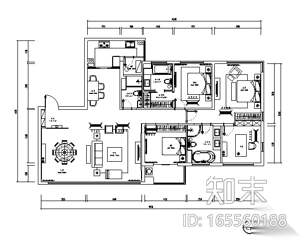 [无锡]欧式四室二厅三卫住宅室内设计施工图（含效果图）cad施工图下载【ID:165560188】