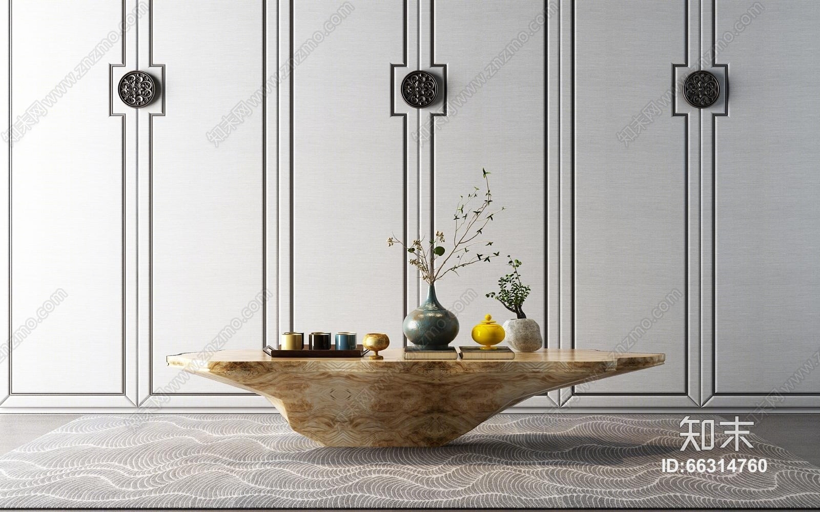 新中式根雕茶几茶具组合3D模型下载【ID:66314760】