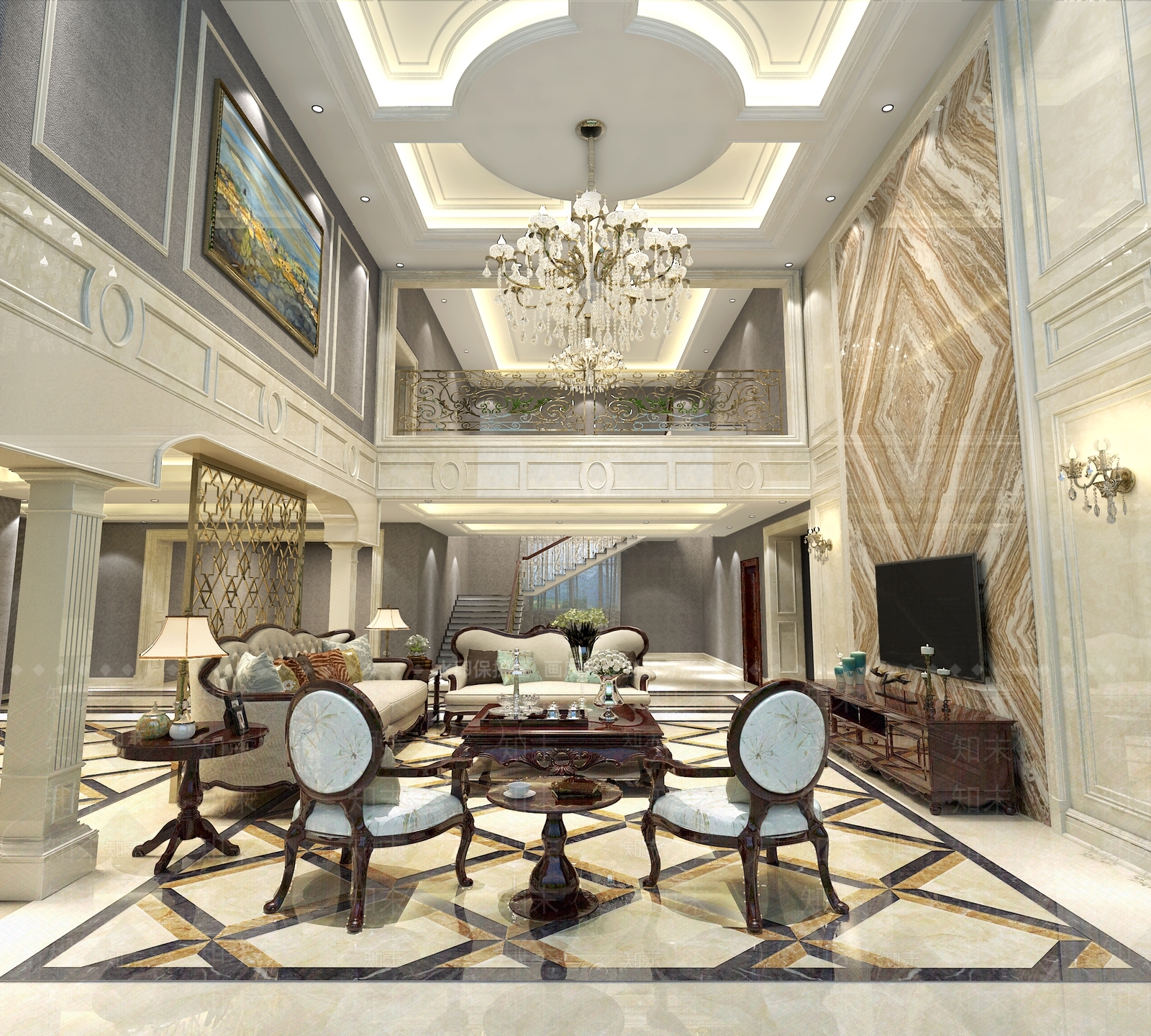 简欧欧式别墅挑高客厅欧式背景墙地面拼花3D模型下载【ID:732253829】