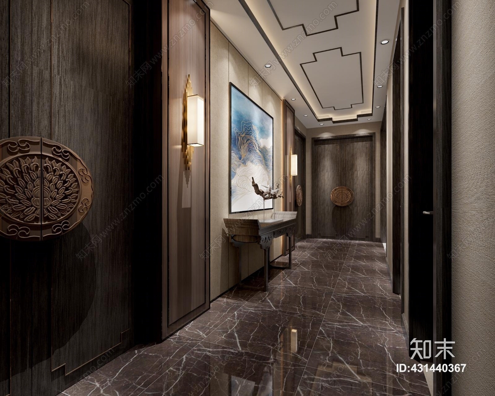 新中式过道楼梯间卫生间背景墙吊顶植物挂画3D模型下载【ID:431440367】