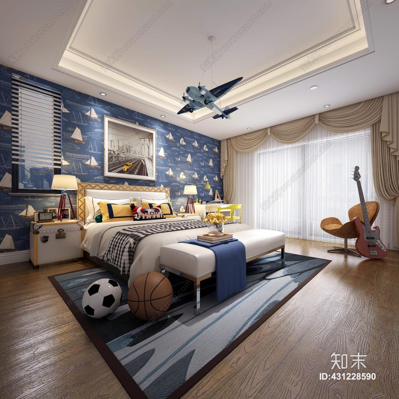 简欧男孩房床台灯吉他飞机吊灯3D模型下载【ID:431228590】