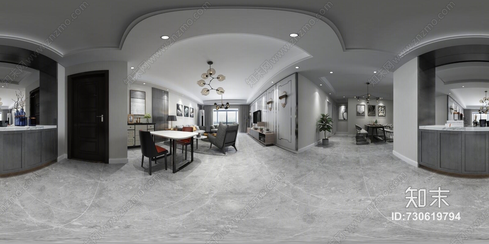 现代黑白灰客餐厅全景家具吊灯3D模型下载【ID:730619794】