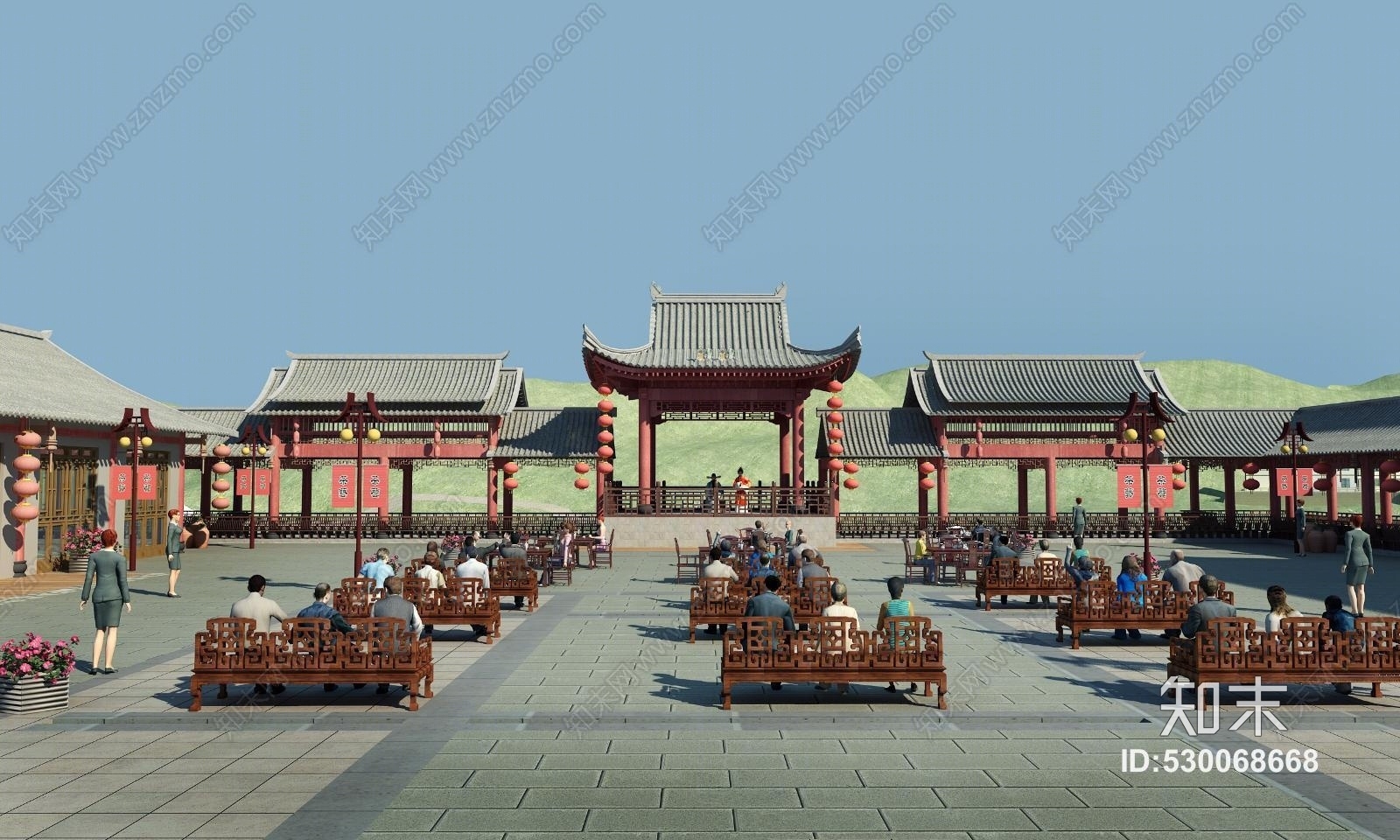 中式古建戏楼中式大门3D模型下载【ID:530068668】