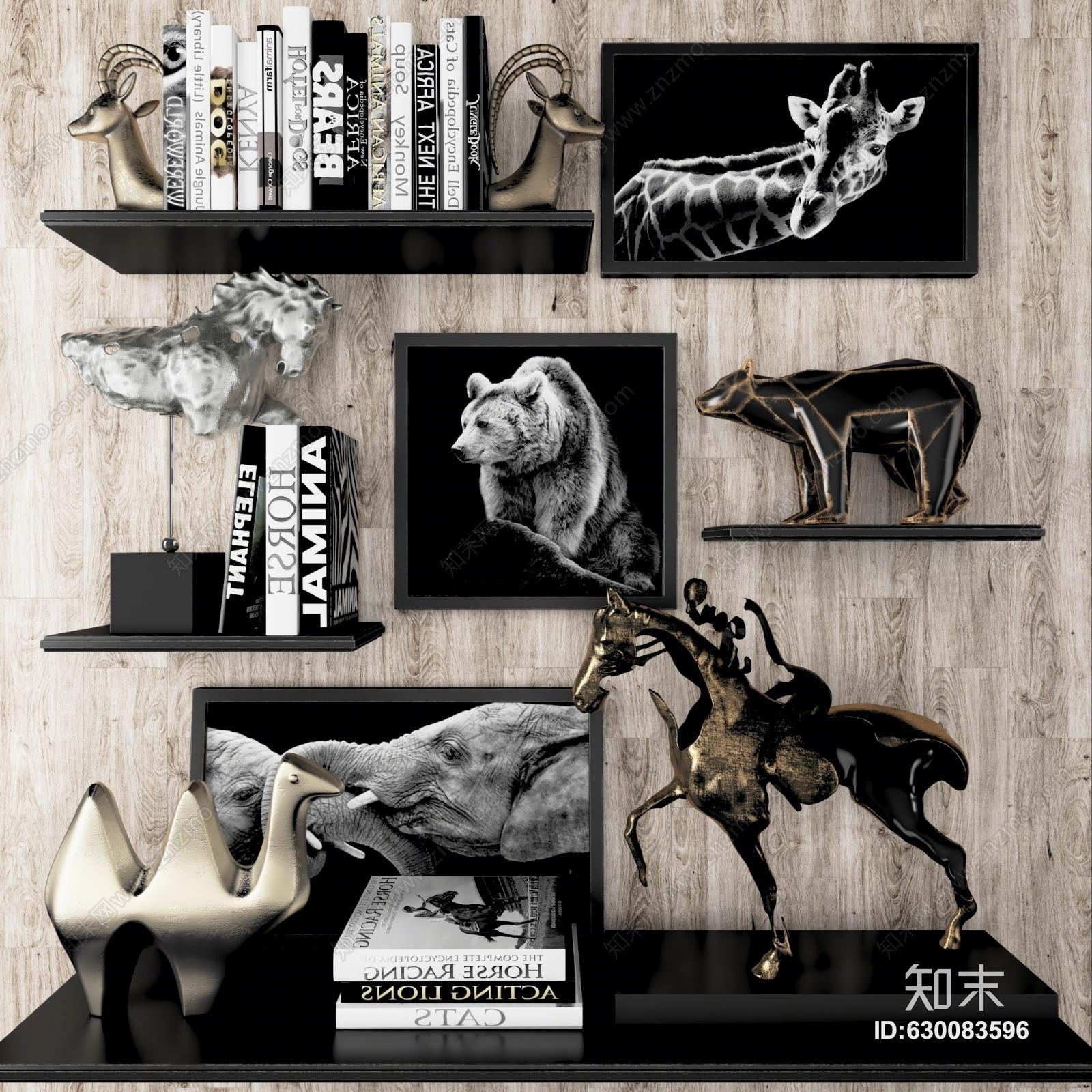 现代金属雕塑动物书籍摆件组合3D模型下载【ID:630083596】