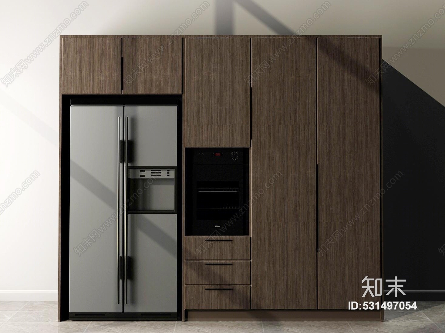 现代北欧日式厨房简约大方时尚冰箱橱柜烤箱高级灰3D模型下载【ID:531497054】