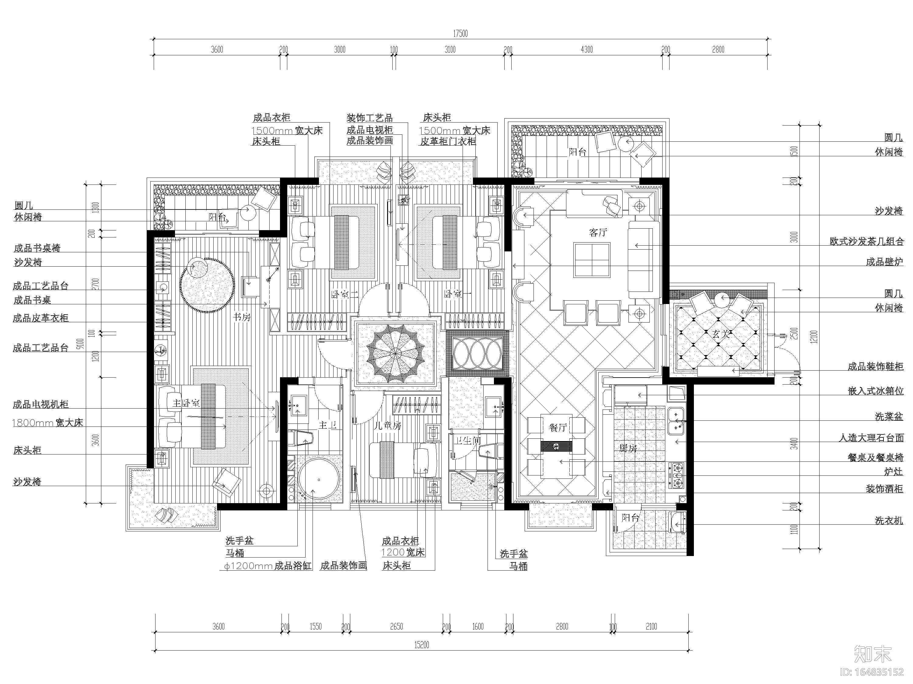 [南宁]154㎡欧式四居室样板房施工图+实景图cad施工图下载【ID:164835152】