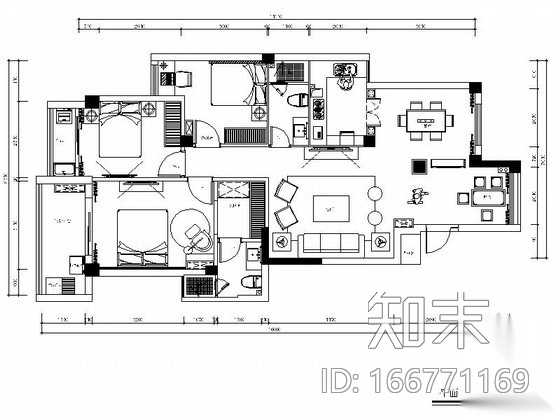 [泰州]紧凑三居室室内装修图cad施工图下载【ID:166771169】