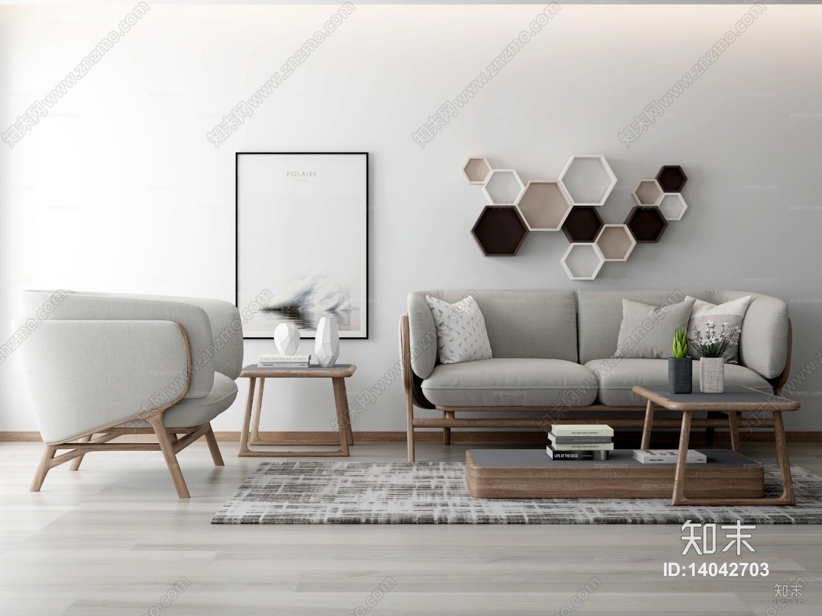 现代北欧客厅沙发茶几装饰品3D组合模型3D模型下载【ID:14042703】