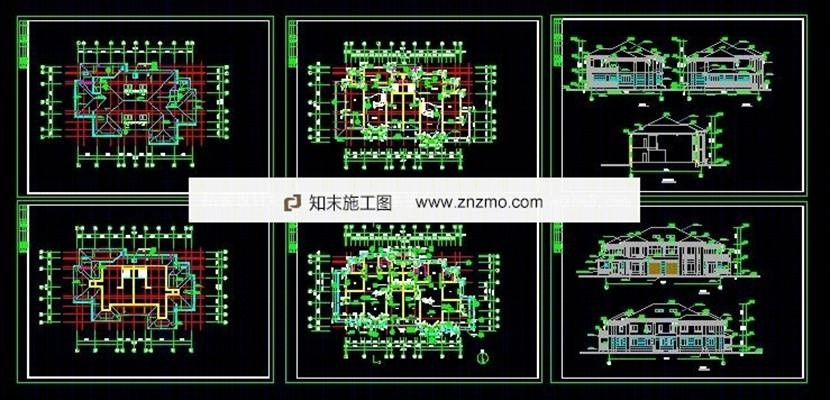 几套联排别墅建筑图cad施工图下载【ID:36950961】