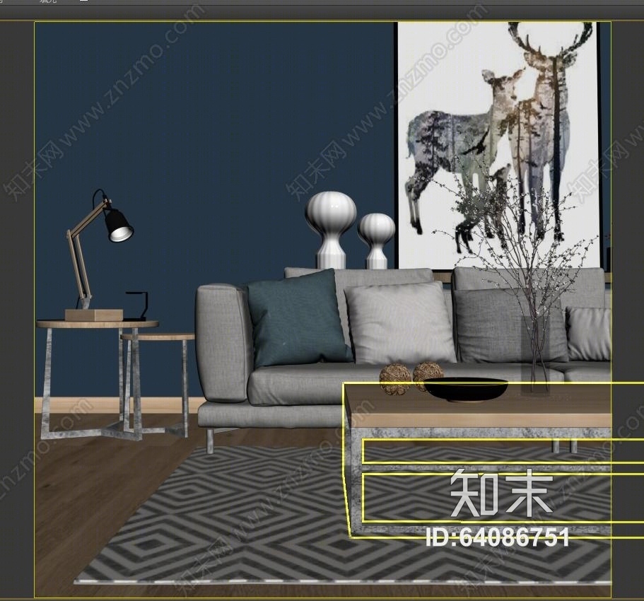 现代沙发茶几台灯装饰画组合模型3D模型下载【ID:64086751】