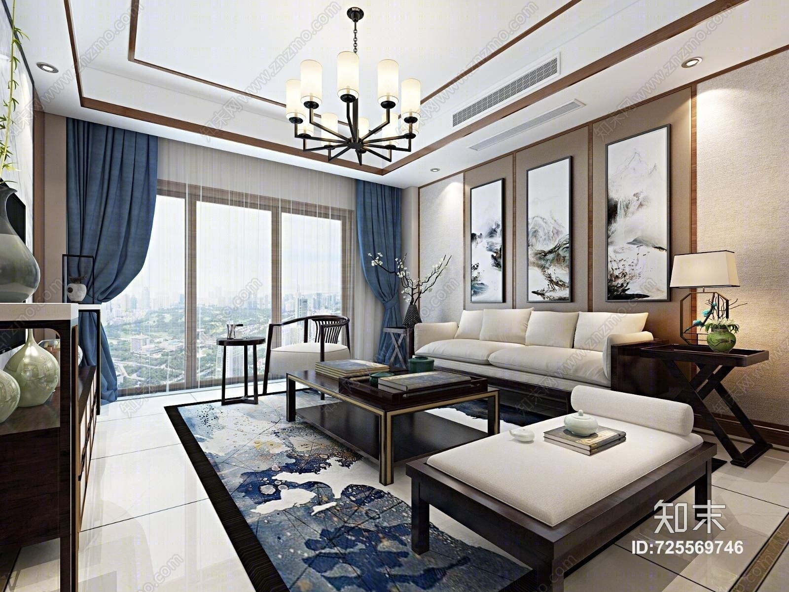 新中式客餐厅全景3D模型下载【ID:725569746】