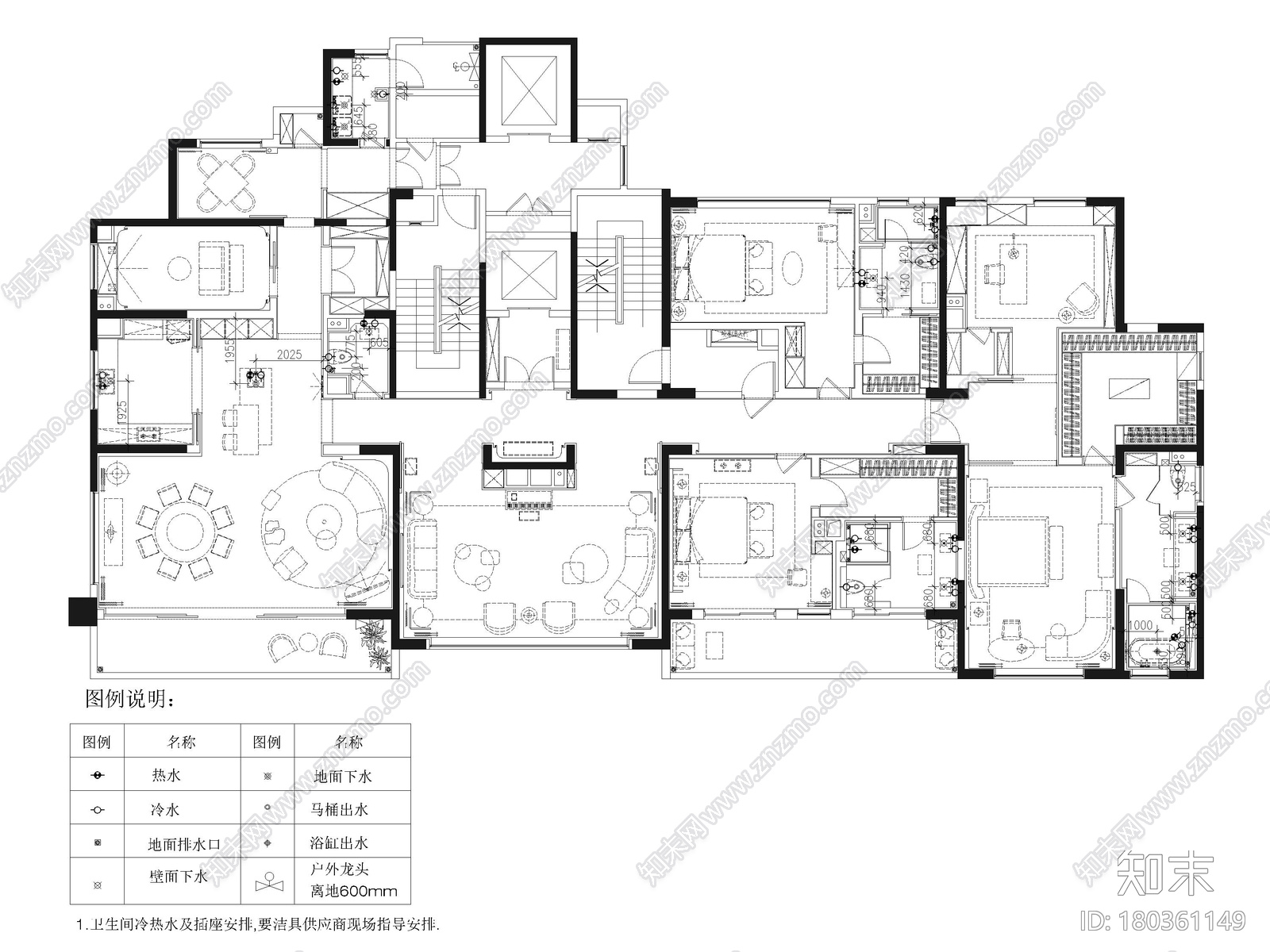 [武汉]515㎡三居大平层样板间施工图+3D模型施工图下载【ID:180361149】