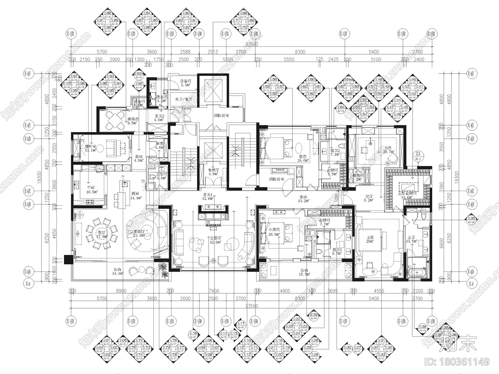 [武汉]515㎡三居大平层样板间施工图+3D模型施工图下载【ID:180361149】