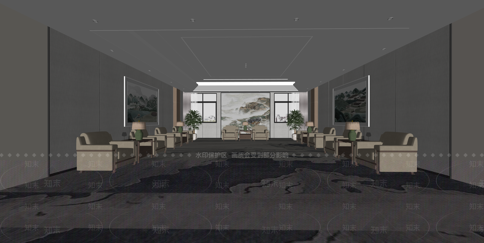 新中式酒店大堂SU模型下载【ID:1215202273】