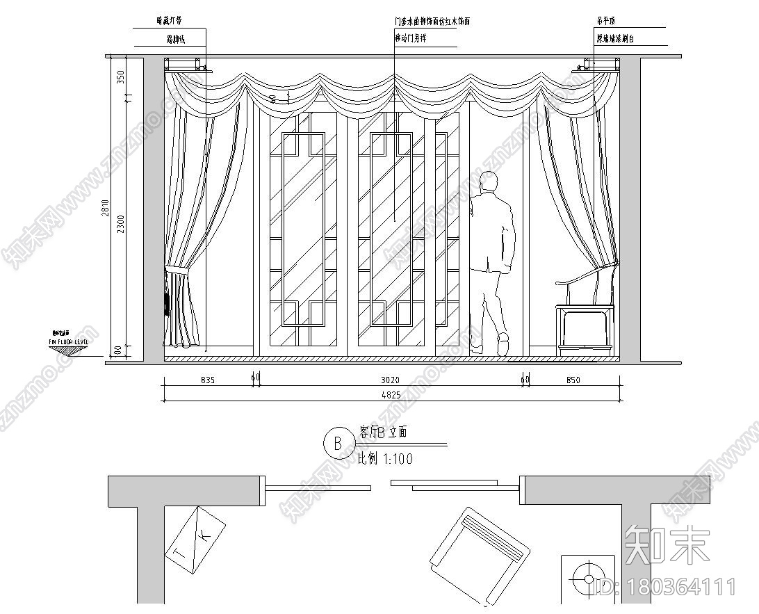 中式风格123m²二居室住宅装修施工图设计cad施工图下载【ID:180364111】