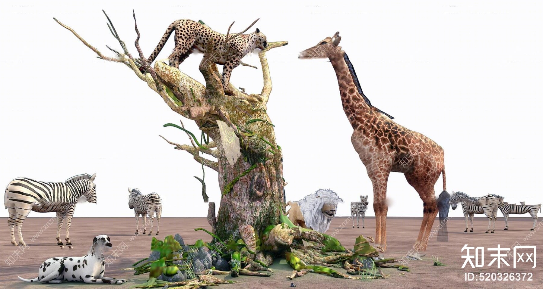 现代枯树豹子长颈鹿动物组合3d模型