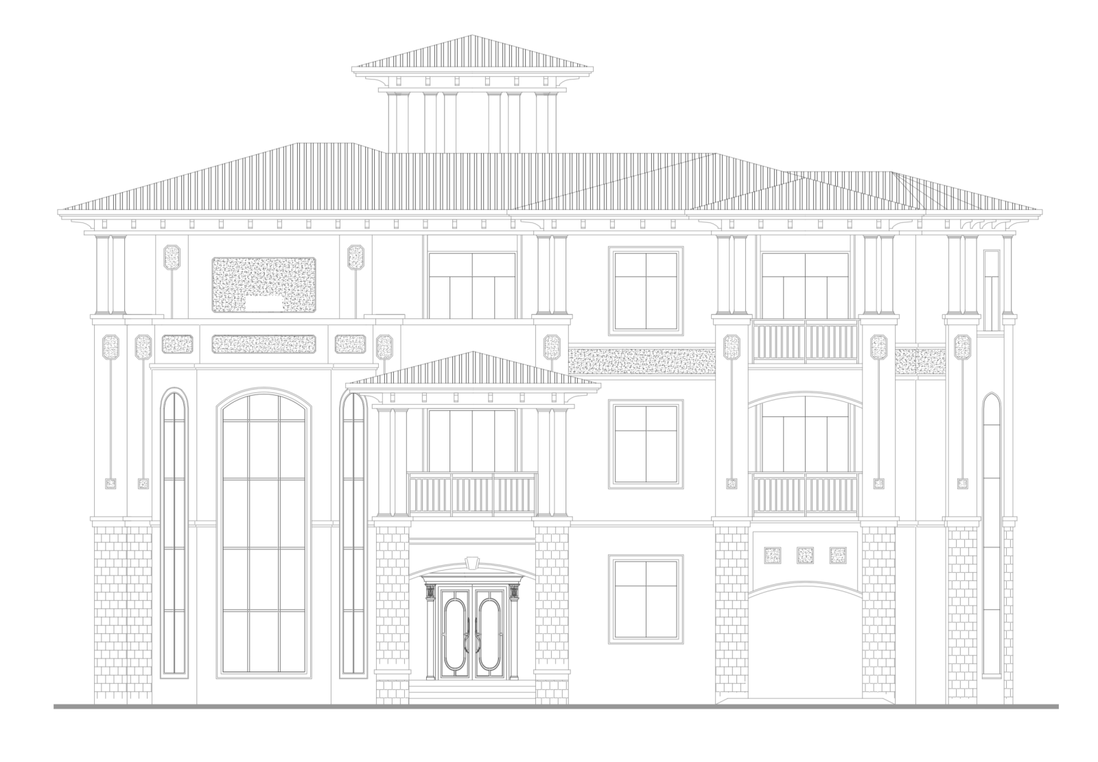 欧式三层坡屋顶独栋别墅庭院建筑施工图施工图下载【ID:150023177】