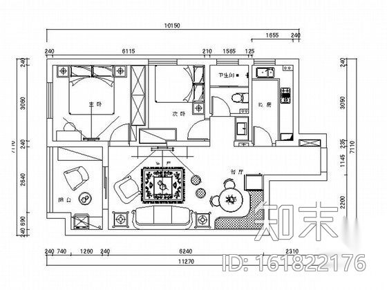 精品清新现代风格两居室室内装修设计施工图（含效果）施工图下载【ID:161822176】