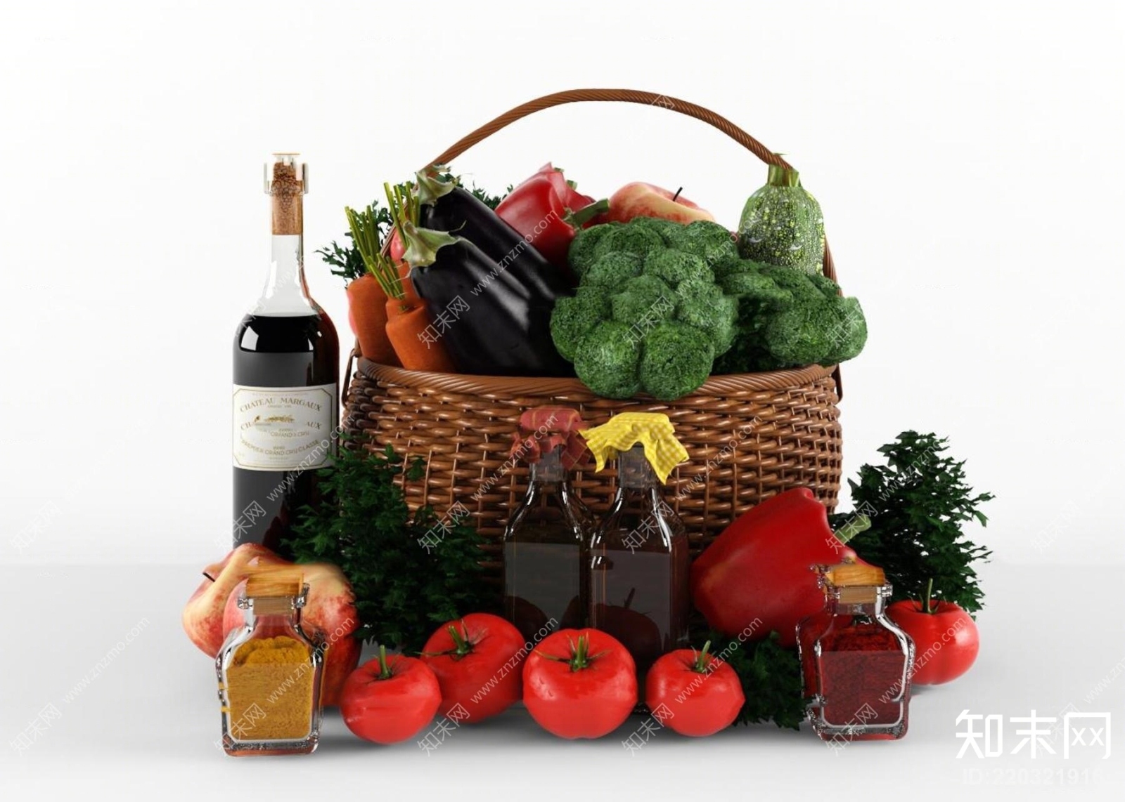 现代西蓝花茄子蔬菜酒水组合3D模型下载【ID:220321916】