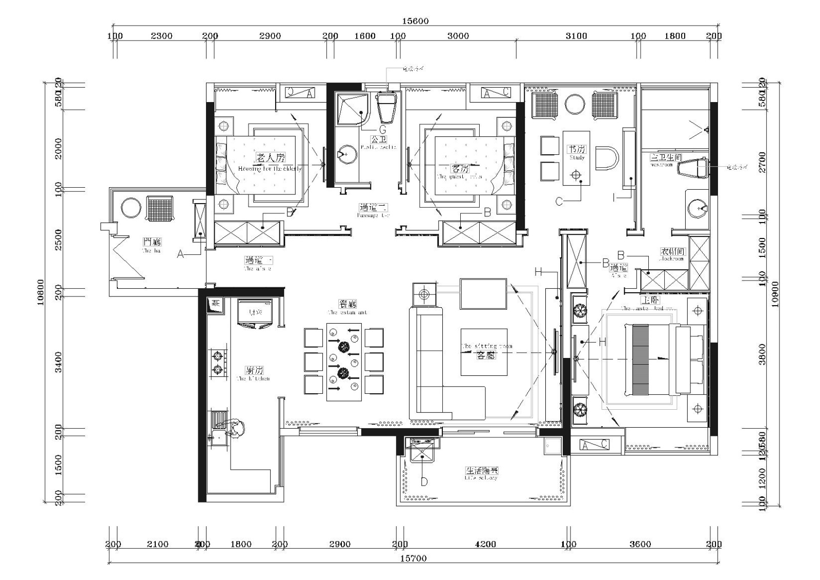 [湖南]​138㎡三居室现代平层样板间施工图cad施工图下载【ID:160388171】