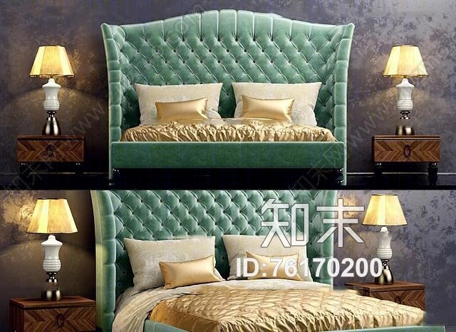 欧式双人床床头柜台灯组合3D模型下载【ID:76170200】