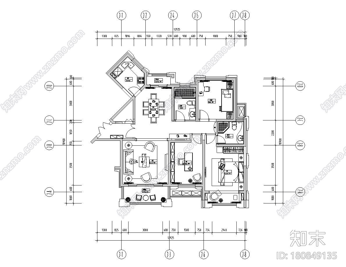 138㎡欧式风格住宅装修施工图设计cad施工图下载【ID:180849135】