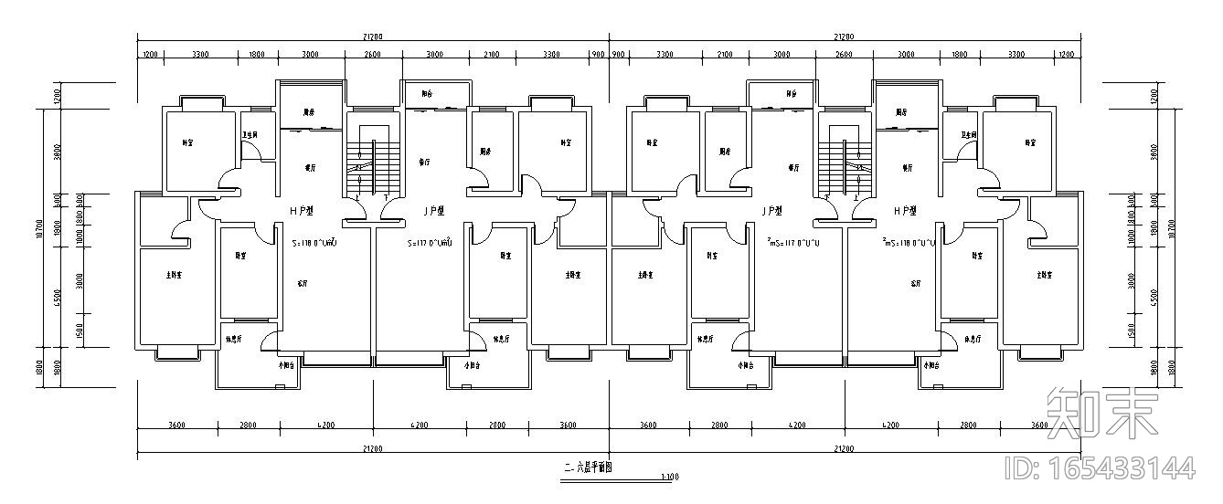 多层一梯两户住宅户型设计图施工图下载【ID:165433144】