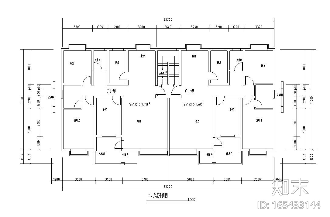 多层一梯两户住宅户型设计图施工图下载【ID:165433144】