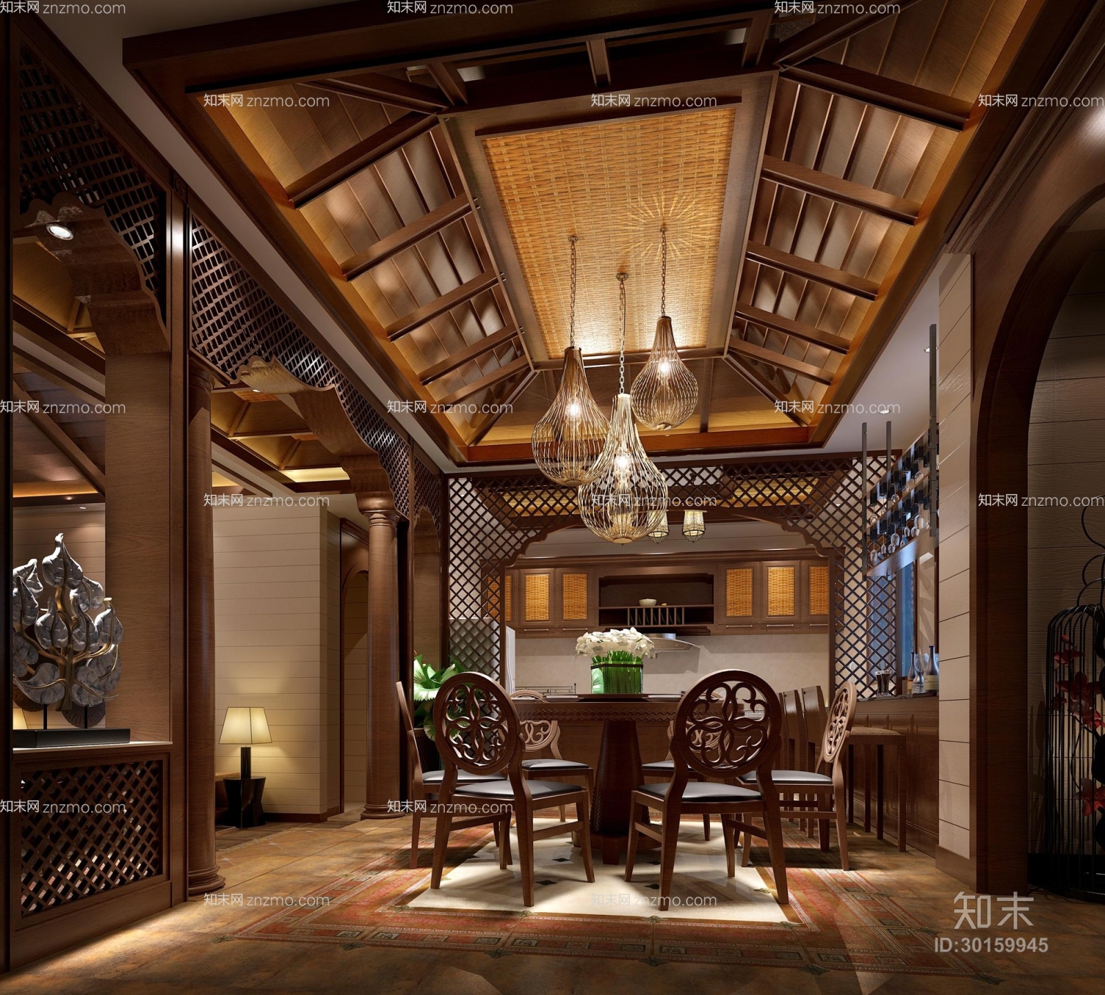 东南亚木艺餐桌椅组合3D模型下载【ID:30159945】