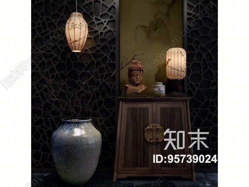 中式吊灯台灯边柜屏风组合3D模型下载【ID:95739024】