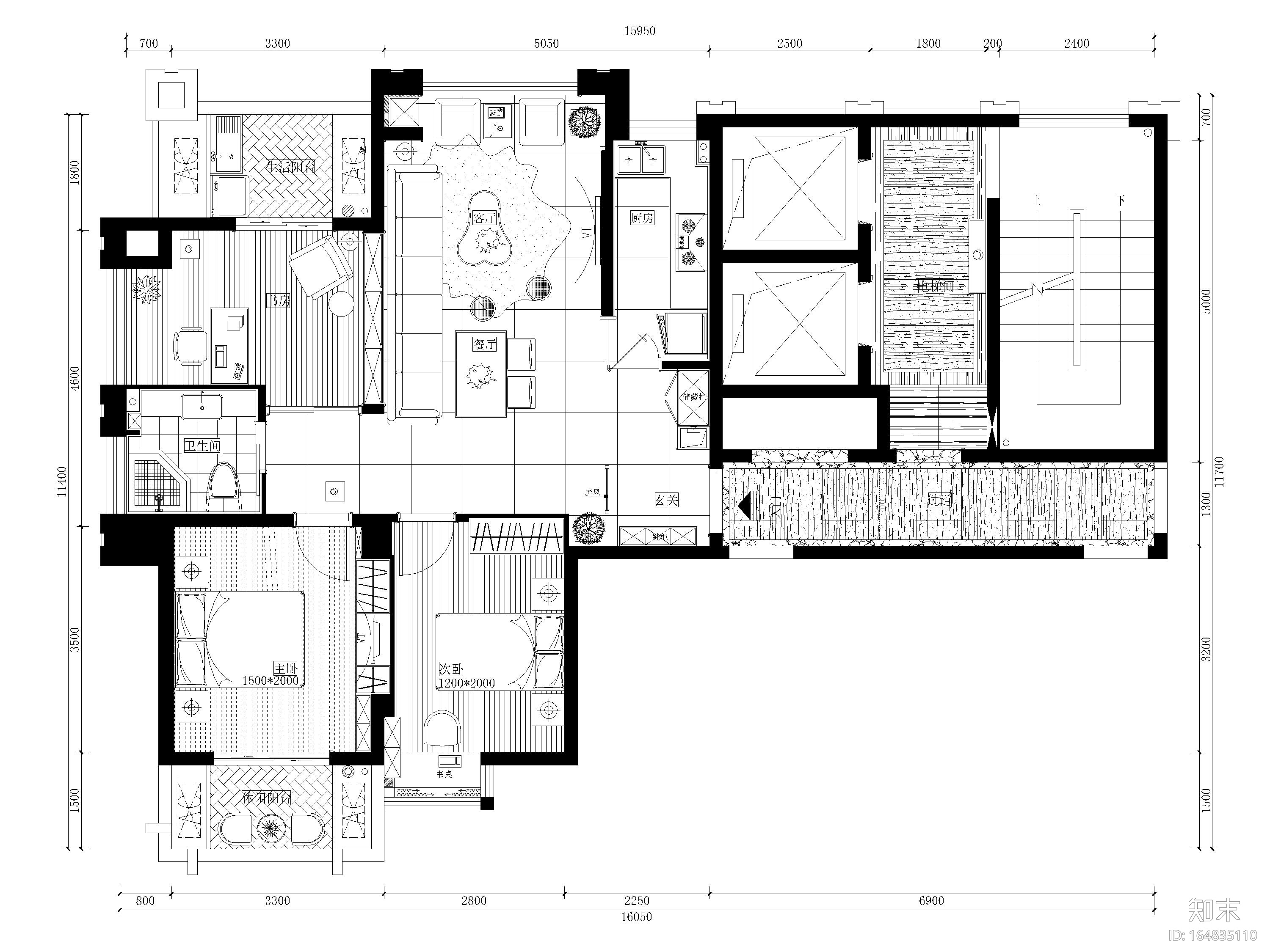 [福州]130㎡现代两居室样板房施工图+实景图cad施工图下载【ID:164835110】